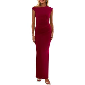 PRETTYGARDEN Women's 2026 Summer Formal Maxi Dresses Sleeveless One Shoulder Bodycon Ruched Mesh Wedding Guest Cocktail Dress (Red, XL)