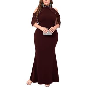 CYCLAMEN Plus Size Evening Gowns with Pearl Rhinestone Cold Shoulder Halter Neck Chiffon Curvy Mermaid Formal Maxi Dress (Red, XL)