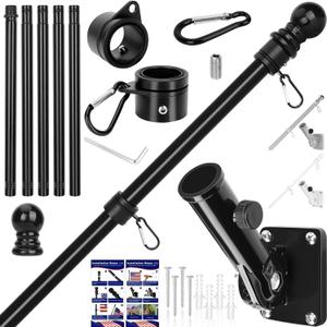 Flag Pole Kit, 6 FT Flag Pole for Outside House, with Heavy Duty Holder Bracket, Aluminum Alloy Tangle Free Rings, Thickened Stainless Steel Flagpoles for Residential, Outdoor or Porch, 1 Inch Black
