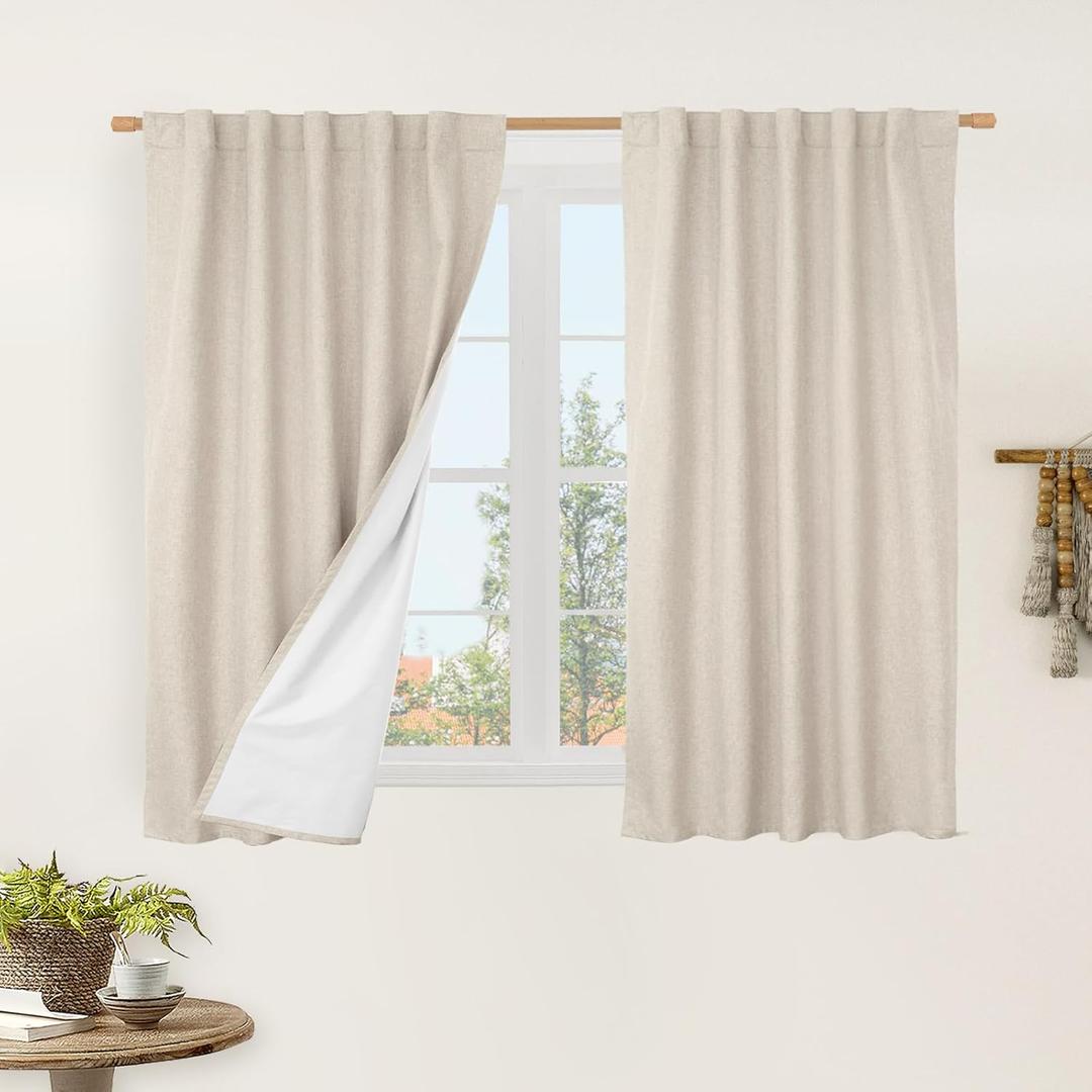 LAMIT Natural 100% Blackout Linen Curtains, 48 Inches Linen Textured Thermal Bedroom Drapes Back Tab and Rod Pocket Neutral Panels with White Liner for Windows, 2 Panels, 42 x 48 Inch, Oatmeal