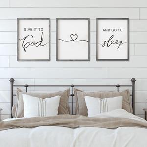 Set of 3 Framed Farmhouse Give it to God and Go to Sleep Signs 11x14 Above Bed Wall Decors for Bedroom Wood Signs (11x14 inches, Gray)