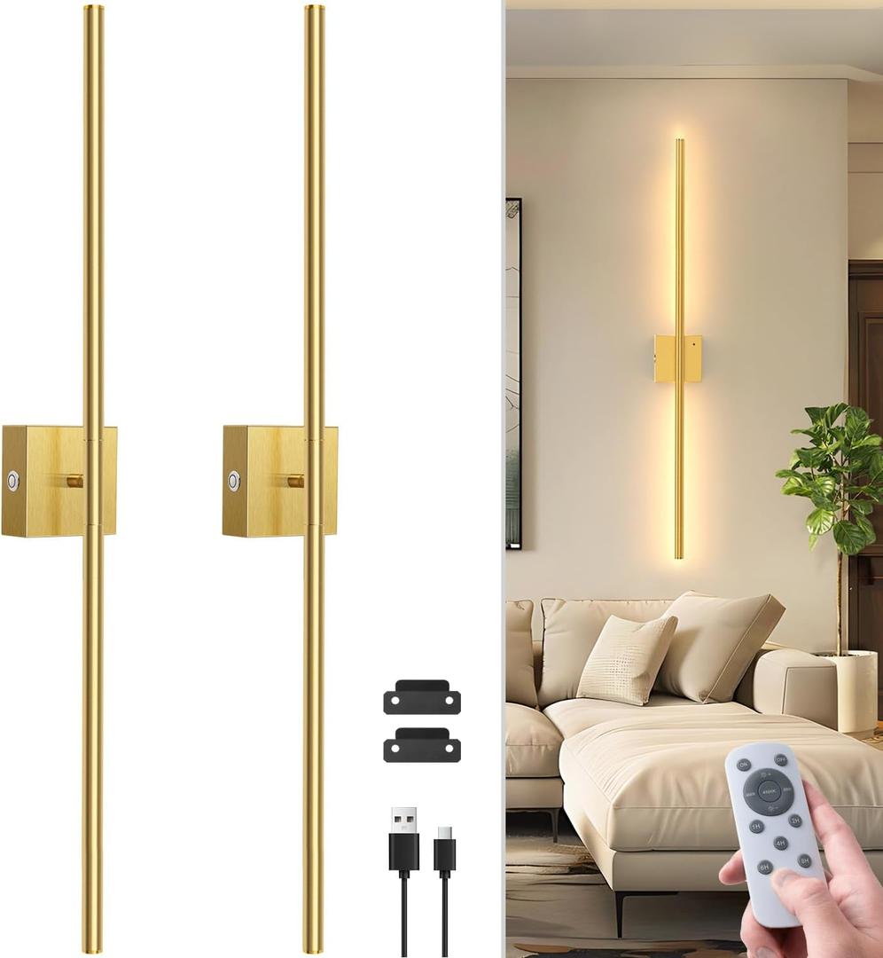 NIORSUN 35 Inch Battery Operated Wall Sconce Set of 2, 360 Rotation Gold Rechargeable Wall Lights with Detachable Tube and Remote, 3CCT Dimmable Wireless Wall Lamp for Living Room Bedroom Hallway
