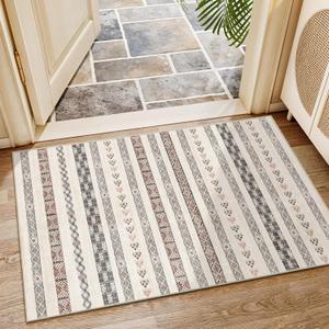 2x3 Washable Moroccan Area Rug: Geometric Boho Area Rugs for Entryway Small Mat for Kitchen with Non-Slip Backing Indoor Bedroom Door Mat Beige Colourful 2'x3'