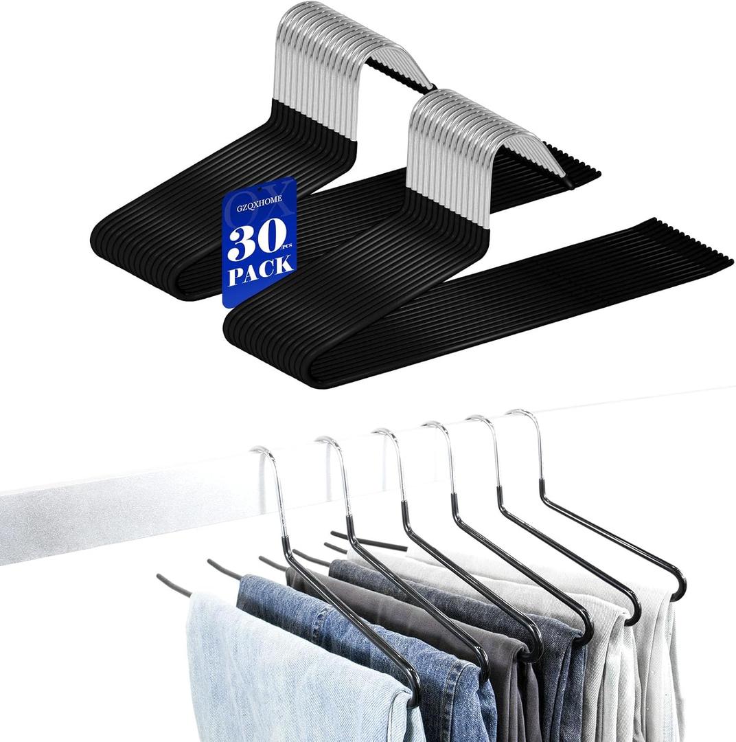 GZQXHOME Pants Hangers 30 Pack Non Slip,Trouser/Blanket/Jeans Hangers for Closet Space Saving,Open Ended Pants Hanger Strong Durable (Black)