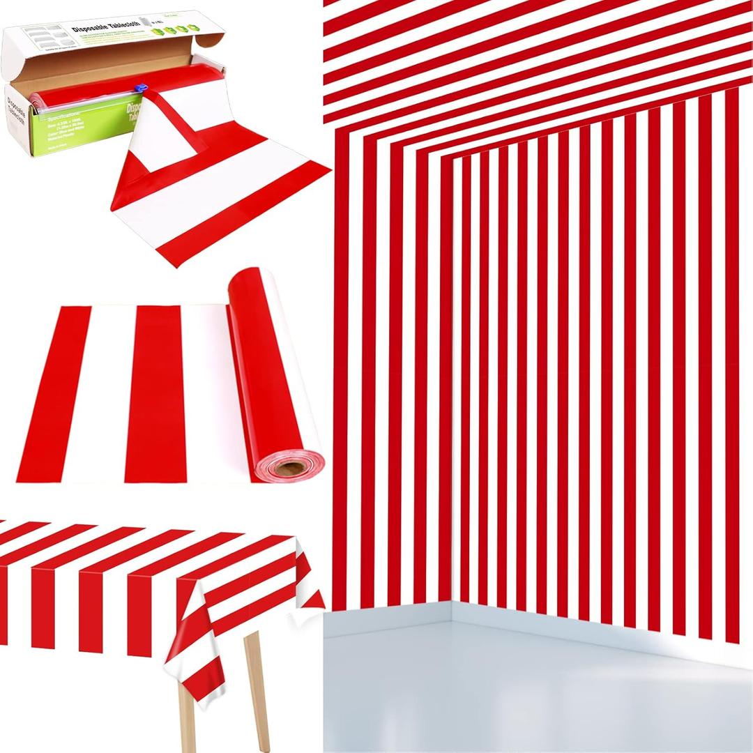Red and White Striped Tablecloth Roll 52 in x 100 Ft with Slide Cutter Circus Carnival Party Supplies Christmas Plastic Picnic Party Table Cover for Indoor Outdoor Events Family Banquet Parties