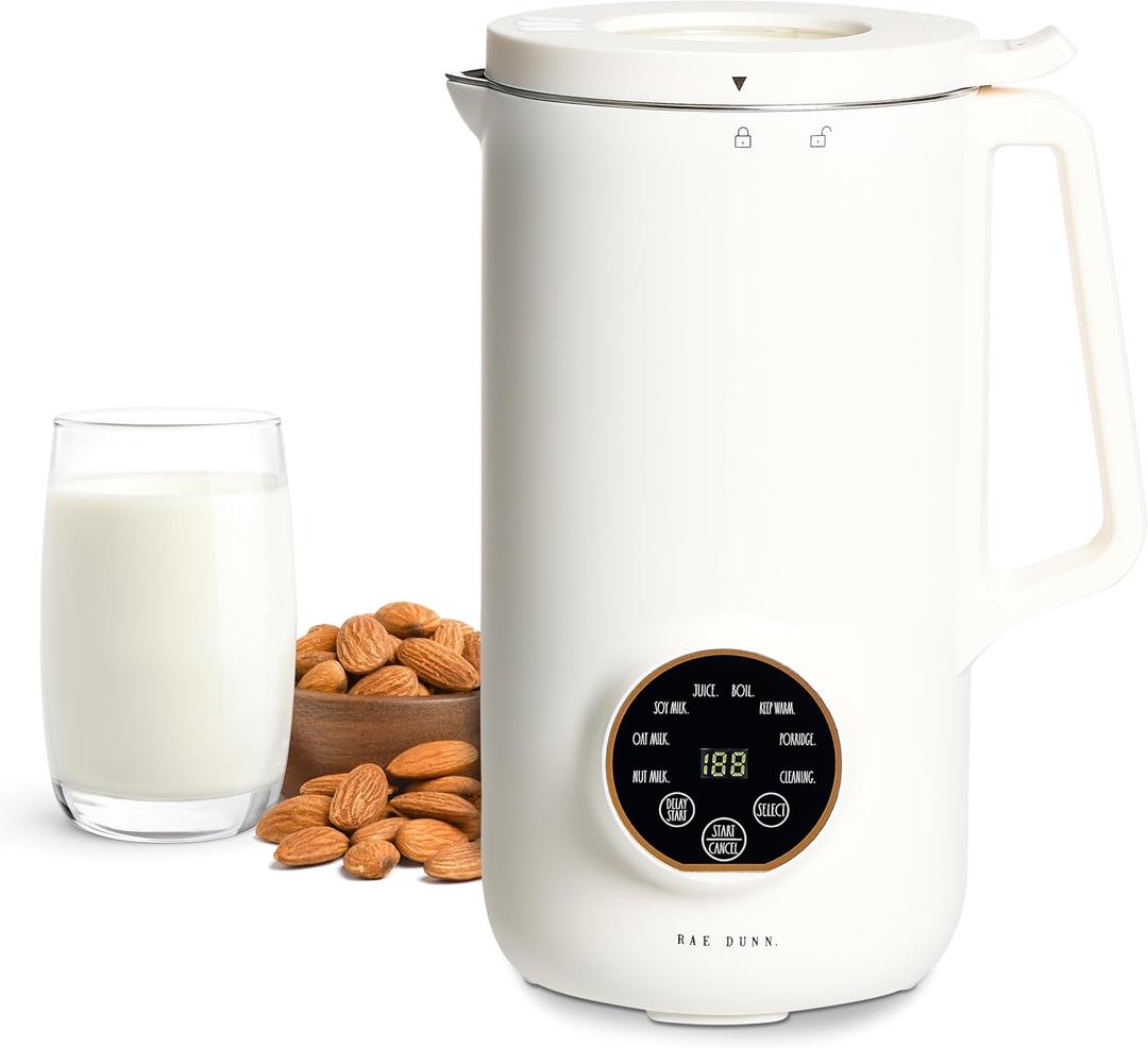 Rae Dunn 8-in-1 Nut & Plant Milk Maker  Almond, Oat, Soy & More  800ml Cold / 700ml Hot  Automatic, Delay Start, Self-Clean  Includes Stirrer, Measuring Cup & Brush, Cream