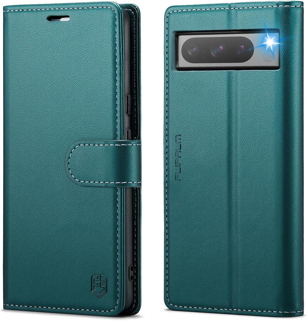 FLIPALM Wallet Case for Google Pixel 8 Pro 5G, RFID Blocking Credit Card Holder, PU Leather Folio Flip Kickstand Protective Shockproof Cover for Pixel 8 Pro (Blue-Green)