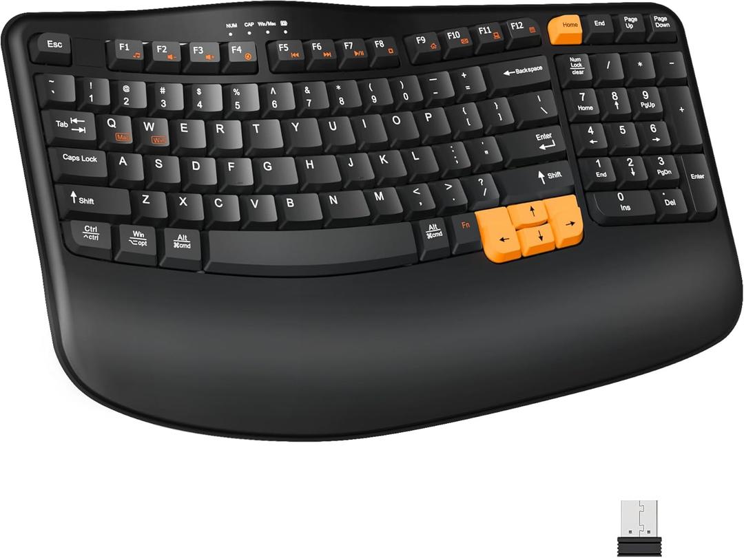 Ergonomic Wireless Keyboard with Wrist Rest, Wave Keys for Comfortable Natural Typing, 2.4GHz Ergo Wireless Computer Keyboard for Windows, Mac OS Laptop/PC/Notebook (Black&Orange)
