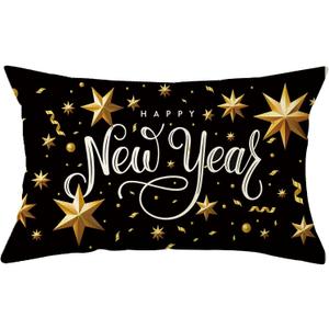 Ogiselestyle Happy New Year Stars Throw Pillow Cover, 12 x 20 Inch Holiday Celebration Party Cushion Case Decoration for Sofa Couch