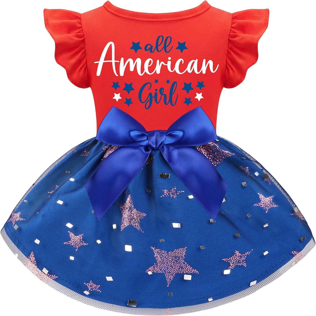 Dog 4th of July Outfit Adorable Ruffle Dog Dress with Elegant Bowknot Tulle Patriotic Puppy Clothes for Dogs Cats Boys Girls Pets, Large 