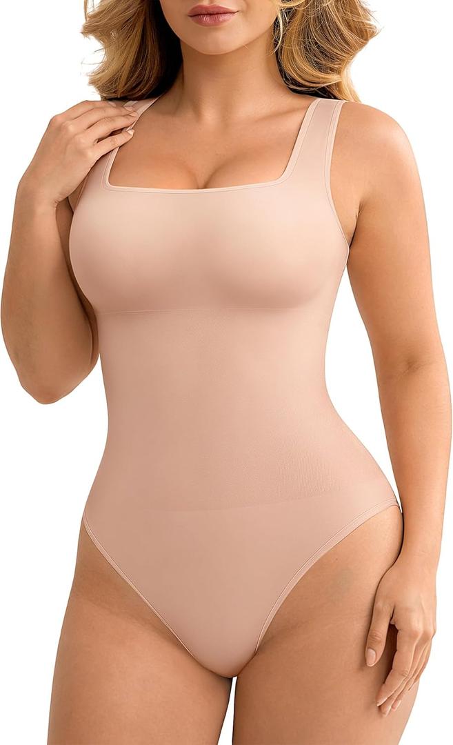 FeelinGirl Bodysuits for Women Seamless Square Neck Tummy Control Compression Thong Shapewear Bodysuit Tank Tops Bodysuit, XL- XXL 