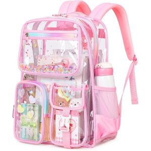 PIG PIG GIRL Clear Backpack for School,Heavy Duty PVC Transparent Bookbag for Girls Stadium Approved See Through Backpack (Pink Heart)