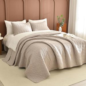 Masaca Oversized King Bedspread 128x120,Linen Colored Quilt Set with Leaf Pattern Soft Lightweight Extra Large King Farmhouse Boho Quilt Coverlet Bedding Set 3Pcs