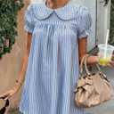 Women's Cute Babydoll Mini Dress Peter Pan Collar Ruffle Short Sleeve Pleated A Line Dresses 2026 Summer (Blue, L)