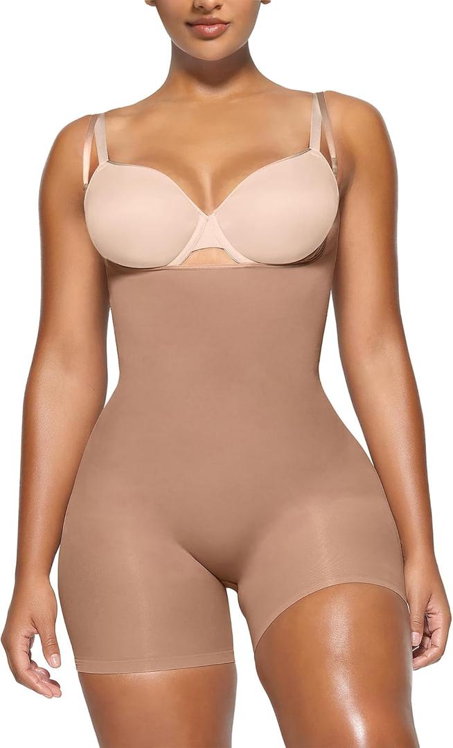 YIANNA Shapewear for Women Tummy Control Bodysuit Open Bust Mid Thigh Seamless Sculpting Body Shaper (Large-X-Large)