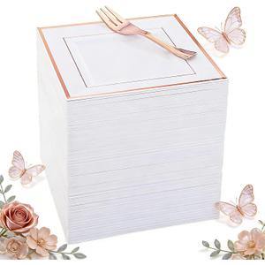 WDF 86pcs Rose Gold Dessert Plates 6" with 86 Pieces Disposable Forks 5", Elegant Square Appetizer Small Plastic Plates for Mother's Day, Wedding