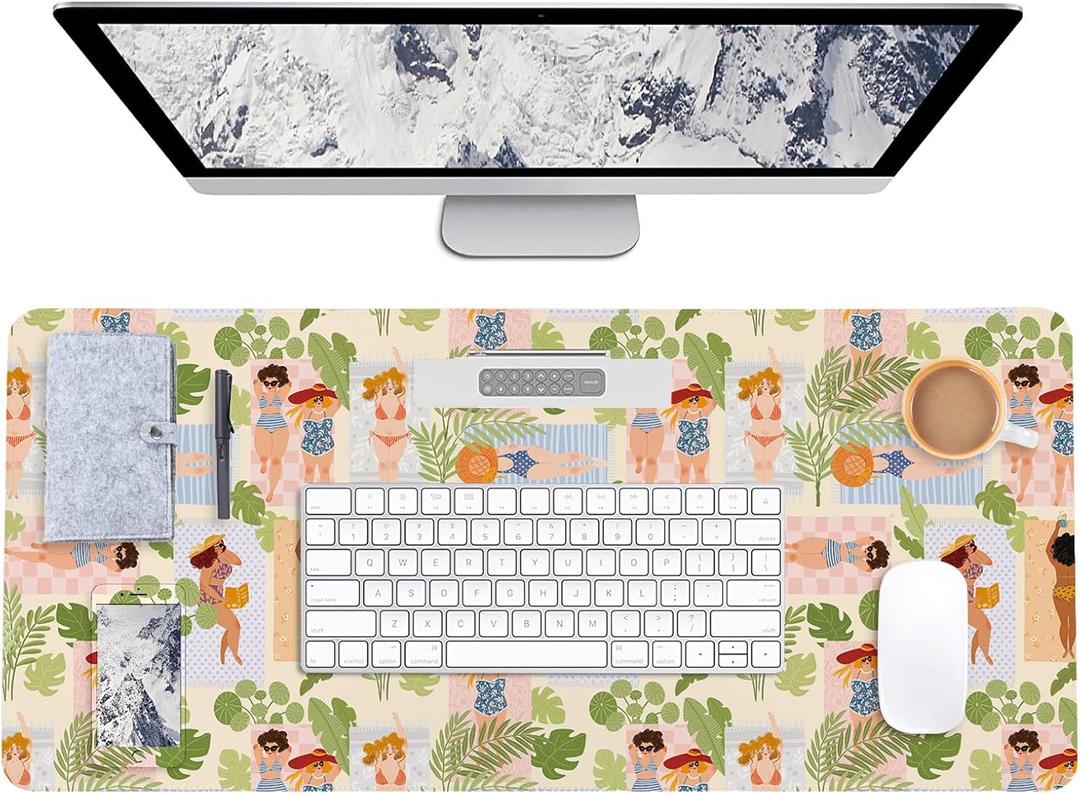 AUPET Leather Large Mouse Pad Desk Blotters  35 x 17in Cute Desk Mat with PU Surface, Non-Slip Desk Pad Protector,Waterproof Desk Writing Pad for Office Home (Beach Sunbathing)