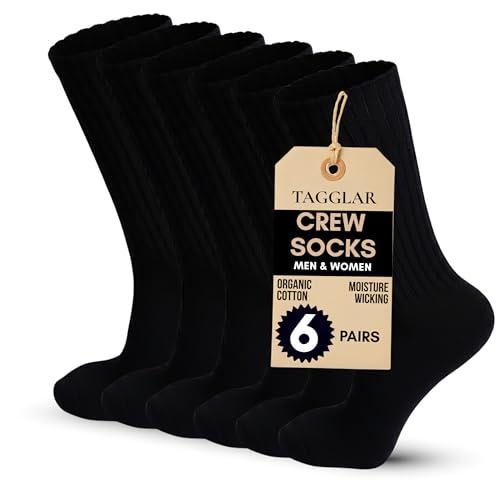 TAGGLAR Athletic Crew Socks for Men & Women – 78% Organic Cotton, Cushioned Sole with Arch Support – Moisture Wicking Gym & Everyday Wear - Black Large Socks, Size 10-13