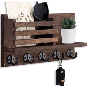 Lwenki Key Holder for Wall  Decorative Wooden Mail Holder and Key Shelf with Mounting Hardware, Installation Guide  Paulownia Wood with 5 Metal Key Hooks (11.8 x 6.7 x 2.8) (Brown)