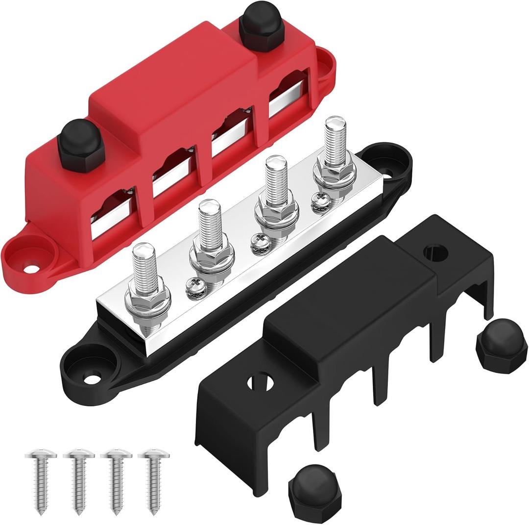 Joinfworld 400A Power Distribution Block 12V Bus Bar with 4 x 5/16"(M8) Studs Battery Bus Bar 48V DC Marine Terminal Block for Automotive Car Solar - Negative&Positive