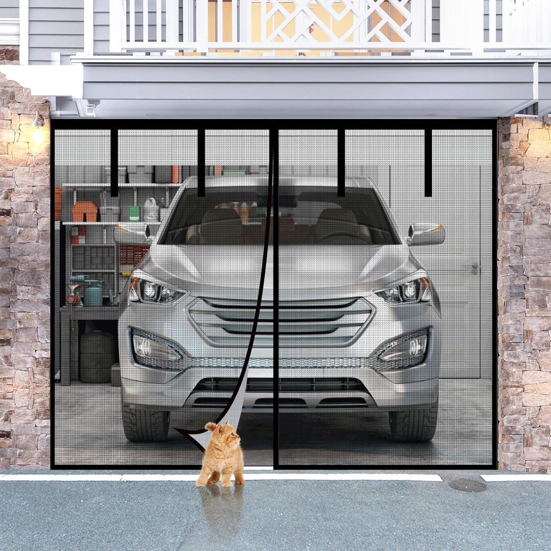 Fiberglass Garage Door Screen, Sunmoxia 8x7Ft Magnetic Heavy Duty Garage Door Curtain with 4 Strapping Tapes - Durable Breathable Mesh Patio Porch Privacy Curtain