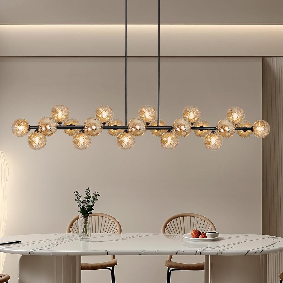 Modern Linear Chandelier for Dining Room, 70 Inch Linear Chandelier, 22-Light Modern Sputnik Chandelier with Amber Striped Glass Globe, Large Island Pendant Light for Kitchen, Adjustable Height
