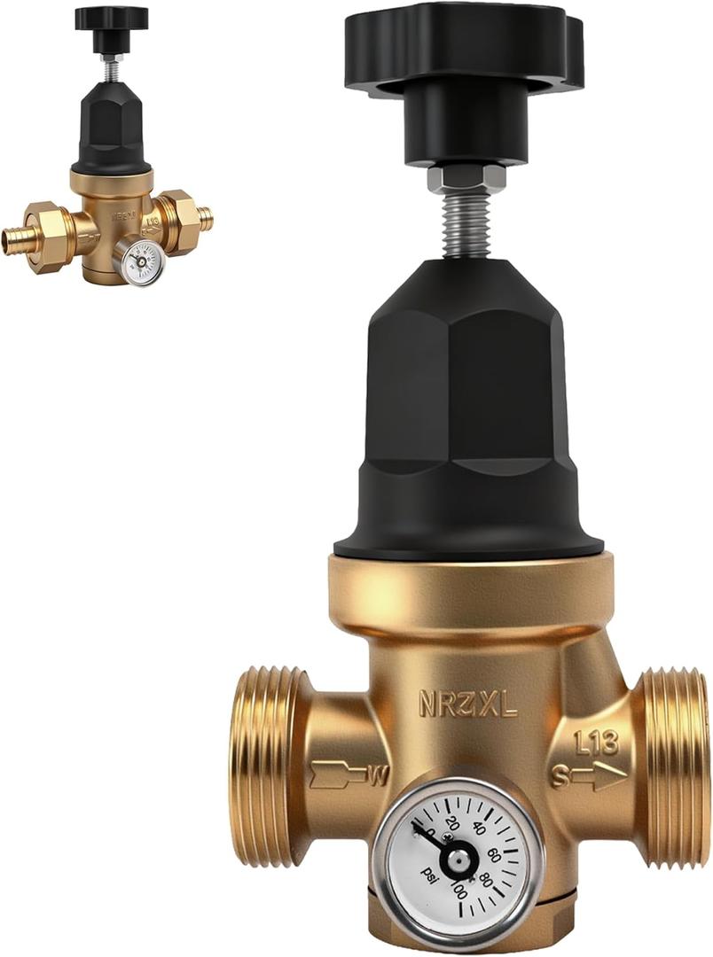 Upgraded 3/4" Water Pressure Regulator, FNPT Double Union, Polymer, Visual Pressure Gauge, 1070 PSI, Precise Adjustment, One-stop Water Solution, For Residential or Commercial Premises