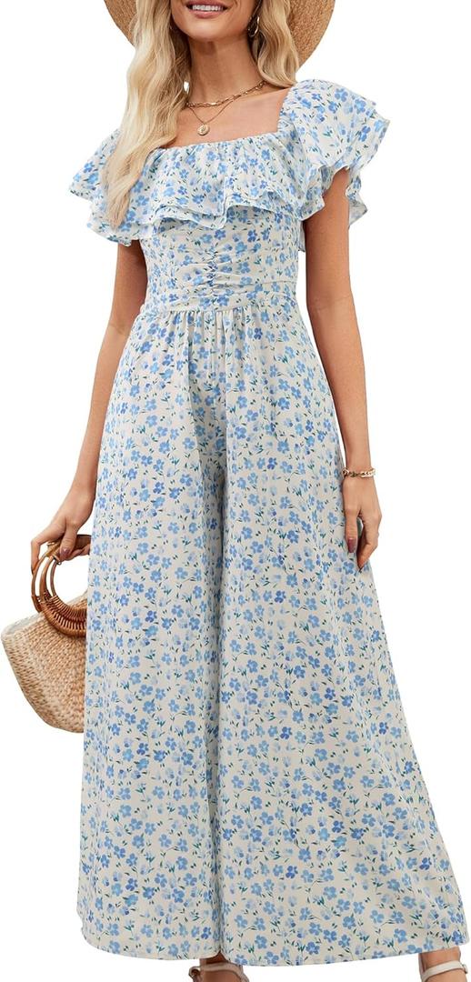 Gardenwed Women's Floral Wide Leg Jumpsuit, Ruffle Short Sleeve Square Neck Summer Casual Palazzo Romper with Pockets (L)