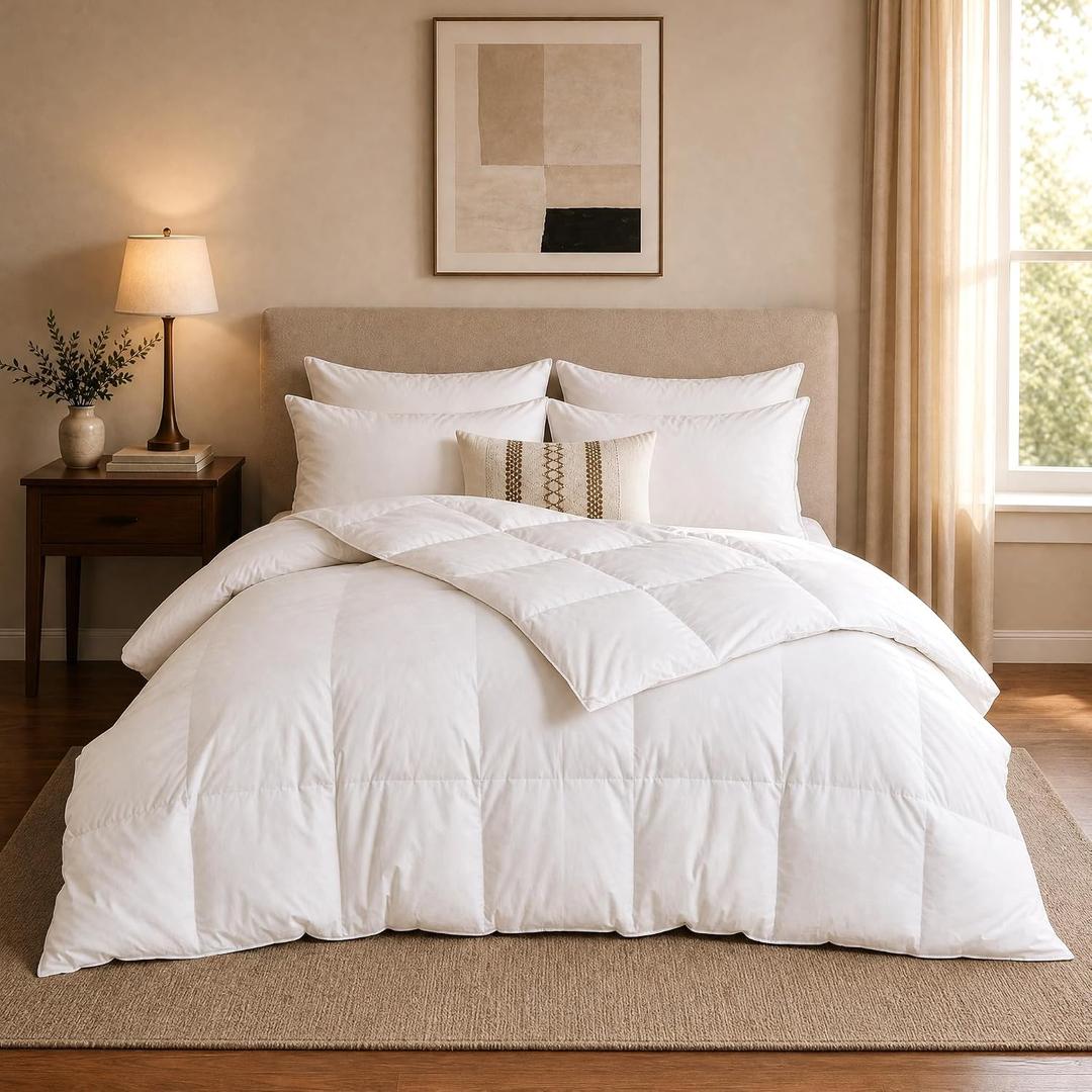 Goose Feather Comforter Twin Size, 100% Cotton Duvet Insert All Season, Bed Comforter Quilted Hotel Luxury Fluffy with 8 Corner Tabs & Baffle Box Design, 68 x 90 Inch, Machine Washable, White