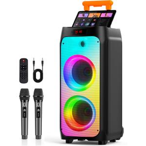 Karaoke Machine with 2 Wireless Microphones, Big Bluetooth Party Speaker with 500W Peak Power for Adults, PA System with Rolling Wheels and Trolley, Perfect for Outdoor, Home Party, Gatherings