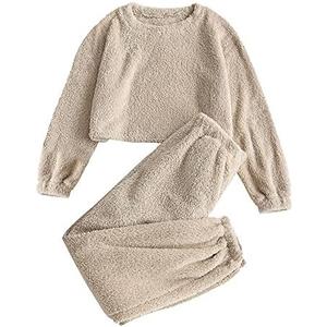 ZAFUL Women's Fuzzy Lounge Casual Pajamas Sets Long Sleeve Fleece Pullover and Pants Set 2 Piece Fluffy Loungewear Sleepwear S