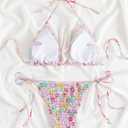 COZYEASE Women's 2 Piece Floral Bikini Sets Smocked Drawstring Side Triangle Halter Sexy Cute Swimsuits (L)
