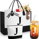 Aliceset Initial Gifts for Women Monogram Canvas Tote Bag and Makeup with Zipper and Initial Glass Coffee Cup Gifts for Her