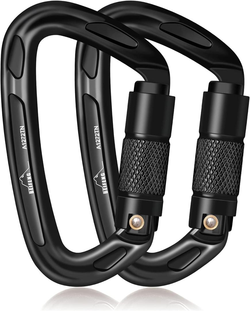 BEIFENG 25KN Auto Locking Carabiner - UIAA Certified Heavy Duty Climbing Carabiners for Rock Climbing, Camping, Rappelling, Hunting, Rescue Equipment - Professional Carabiner Clips (Black)
