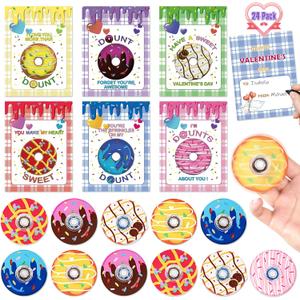 24 Pack Valentines Day Cards for Kids, Donut Fidget Spinner Toy with Greeting Cards, Valentine's Day Gifts for Kids, Valentine Kids Party Favor, School Classroom Exchange Prizes for Boys Girls
