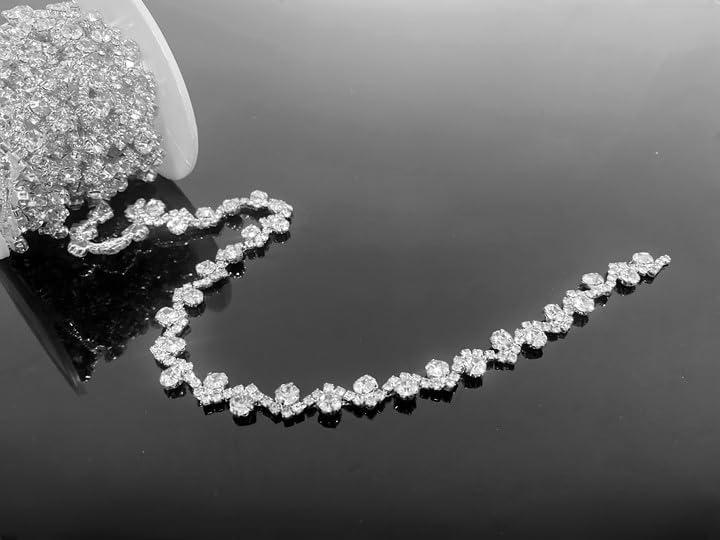 Feyarl 3 Yards Rhinestone Trim Chain Crystal Rhinestone Chain Ribbon Applique Strips String Crafts Bling Sewing Embellishments DIY for Fashion Dress Wedding Costume Shoes Jewelry Decor (0.39'' Wide)