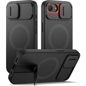 SURITCH for iPhone 17e/16e Case with Magnetic Camera Slide Cover and Adjustable Kickstand, Compatible with MagSafe, Shockproof Bumper Case Slim Protective Cover 6.1 Inch,Black