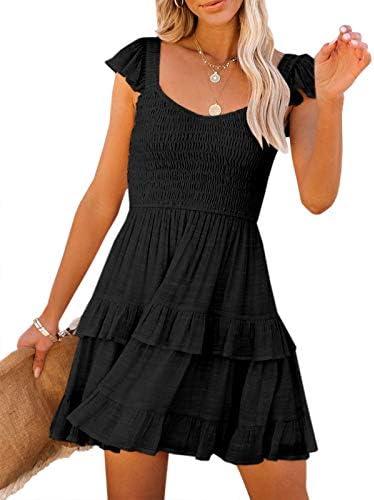 Women Summer Dresses Casual Boho Smocked Ruffle Sun Beach Babydoll Mini Dress Layered Flowy Swing Dress S