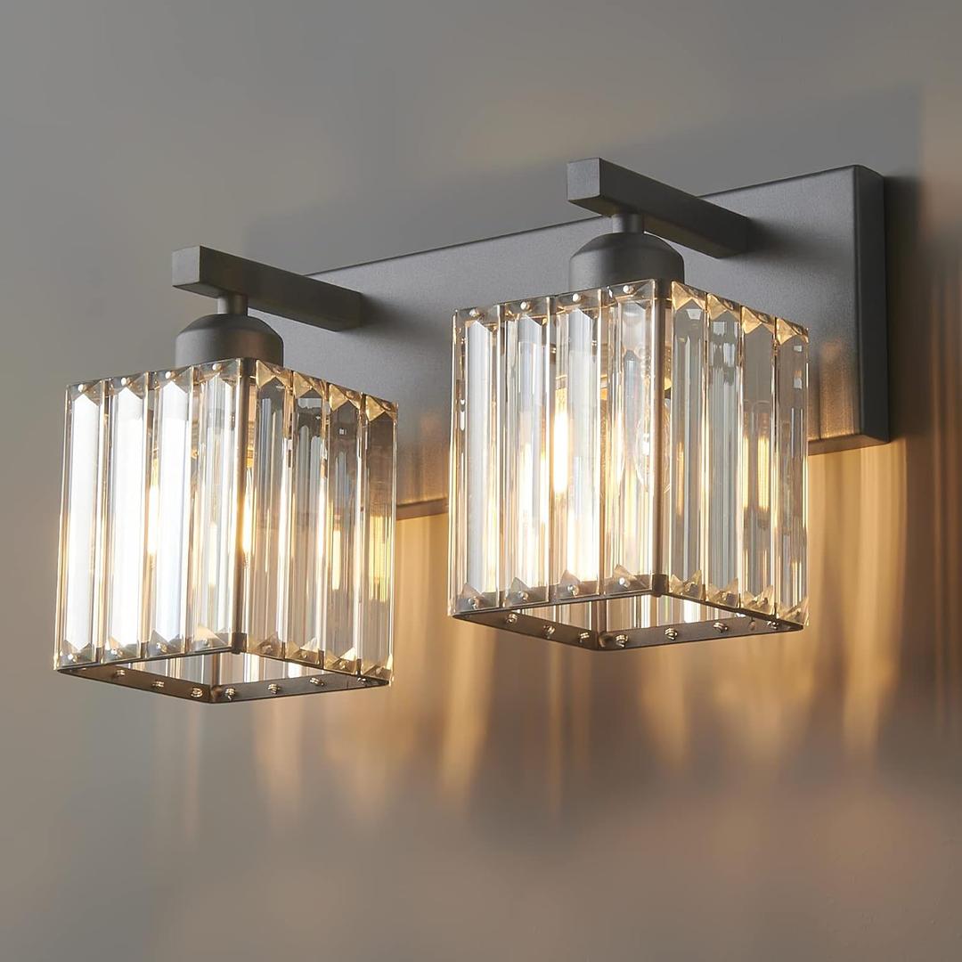 Modern Bathroom Vanity Light 2-Lights Black Crystal Bathroom Wall Light Vanity Light Fixtures12.59-inch Modern Minimalist Design