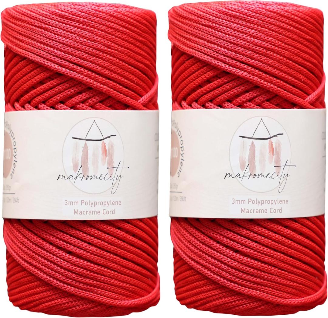Makromecity 2 Skeins Polyester Macrame Cord 3mm x 131 Yards (394 Feet) Red Polypropylene Cord for Crochet, Crafts, Wall Hangings, Bags, Underplate, Rug