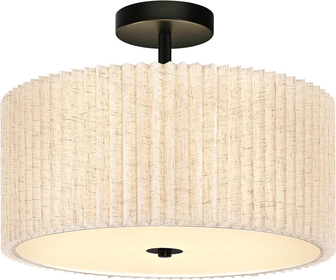 3-Light Semi Flush Mount Ceiling Lights Fixture 16 Inch Drum Light Fixture Drum Ceiling Lights with Pleated Fabric Shade Black Close to Light Fixtures for Hallway Living Room
