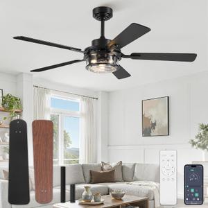 Fanbulous 52 Inch Ceiling Fan with Light and Remote,Downrod Mount Farmhouse Ceiling Fan for Bedroom, Quiet 6-Speed Reversible DC Motor, Rustic Black & Wood Finish Blades