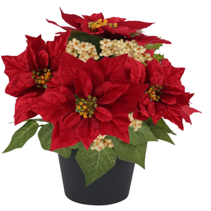 Fake Poinsettia Plants with White Berry 14 Inch Red Poinsettias Artificial Christmas Flowers in Pot for Home Porch Garden Office Indoor Outdoor Christmas Decorations