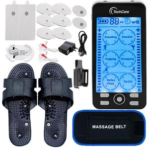 TechCare Plus 24 Modes Tens Unit Muscle Stimulator Massager Rechargeable Unit Electric Complete Set + Massage Belt + Reflexology Shoes Back Neck Pain