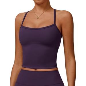 QBGJTD Womens Longline Sports Bras Cross Back Active Gym Yoga Padded Workout Crop Tank Top with Built in Bra, L