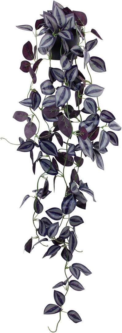 LOYWREE Small Fake Hanging Purple Eyebrow Leaf Plant Artificial Potted Plants Indoor 39-in Long Faux Hanging Vine Plant with Pot for Shelf Home Office and Outdoor Garden Decor (Black Pot)