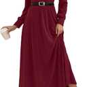 Redomo Women red Ribbed Knit Maxi Dress with Long Sleeves, Casual Holiday Celebration Wear, no Belt, A line Outfits Clothes, Large