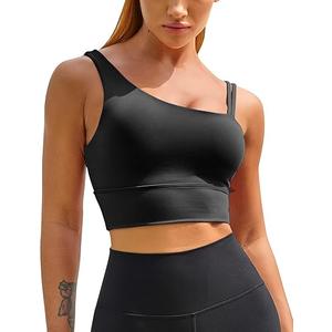 Longline Sports Bras for Women One Shoulder Workout Tank Tops with Built in Bra Supportive Crop Yoga Top Padded, Size M