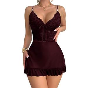 Foxiny Sexy Sheer Mini Bodycon Baby doll Lace Lingerie Set Sleep Dress with Thong 2 Piece Outfits M