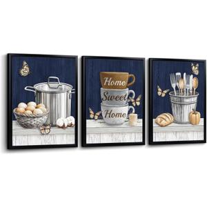 Nachic Wall Kitchen Wall Art Set of 3 Home Sweet Home Coffee Cups Picture Painting Farmhouse Navy Blue and Brown Decor (Blue)